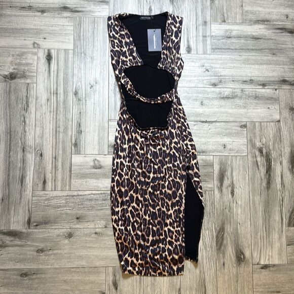 PrettyLittleThing Brown Leopard Print Slinky Plunge Split Midi Dress US 6 - Picture 1 of 7